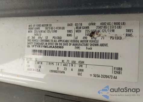 2018 Ford Transit-250 z USA, uszkodzony, nr VIN 1FTYR1YM3JKA58969